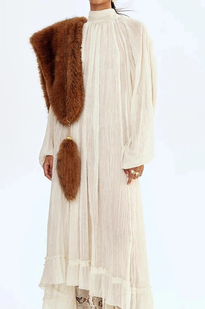 Glorol - Elegant Pleated O-Neck Long Sleeve Loose Maxi Dress