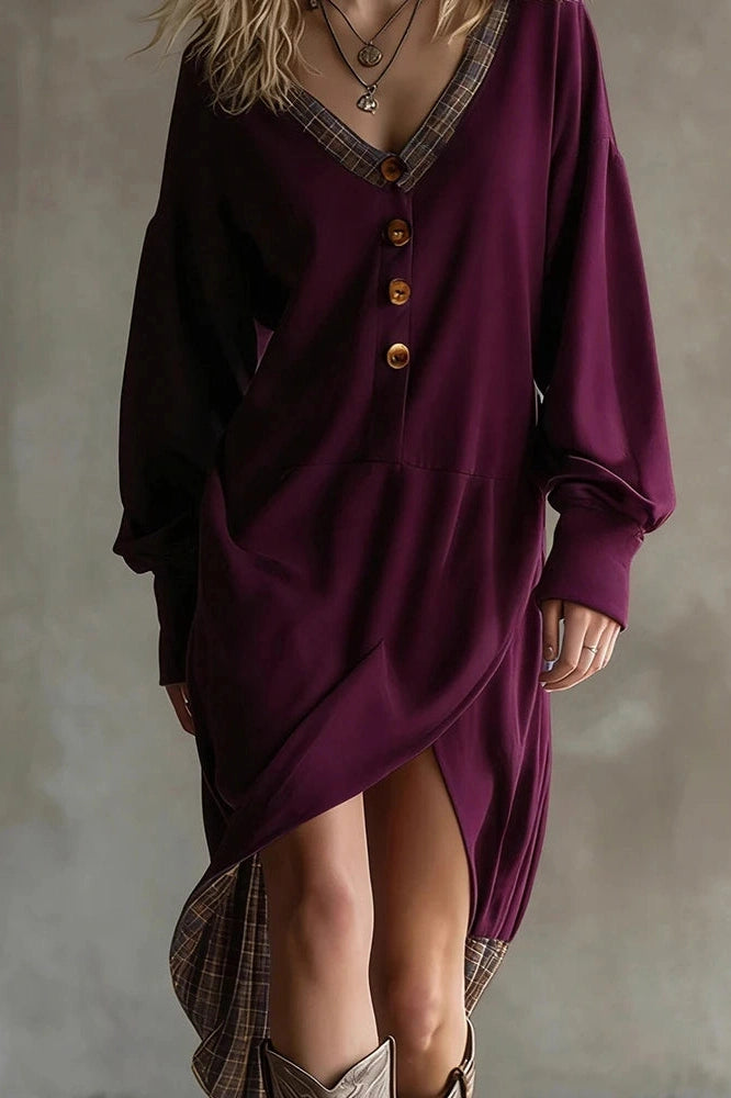 Glorol - Long Sleeve V-Neck Button Split High Waist Irregular Midi Dress
