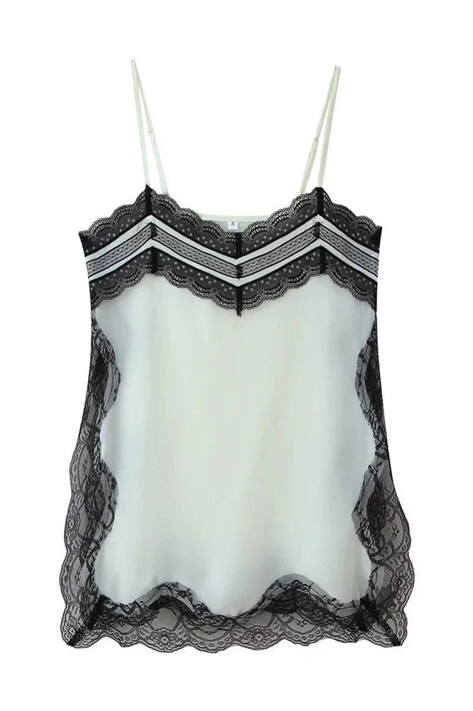 Glorol - Lace Backless Patchwork Strap Printed Slim Top