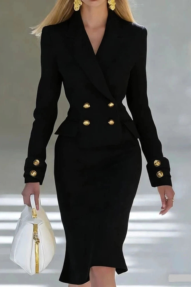 Glorol - Elegant Long Sleeve V-Neck High Waist Slim Midi Dress