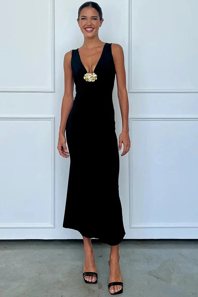 Glorol - Elegant Deep V Neck Sleeveless Slim Fit Maxi Dress