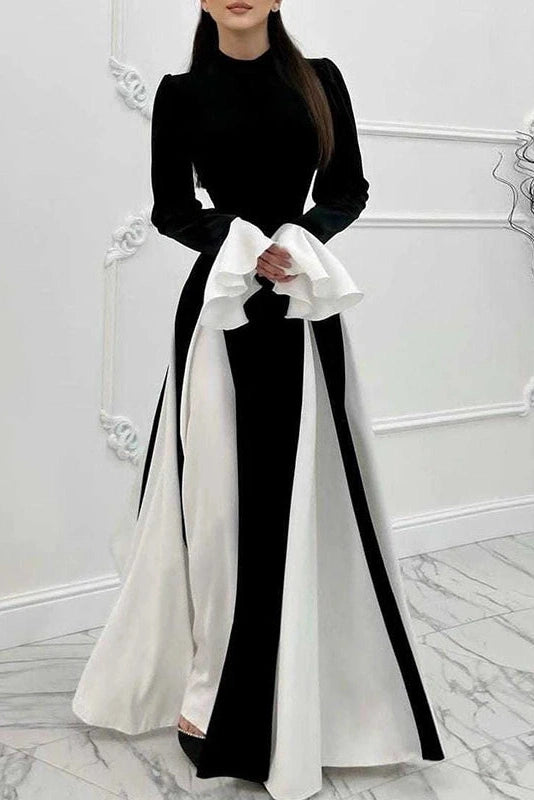 Glorol - Flared Sleeve Patchwork High Waist O Neck Maxi Dress
