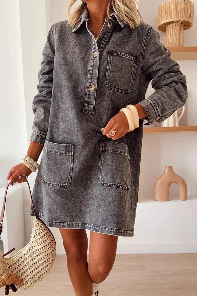 Glorol - Elegant Long Sleeve Pocket High Waist Loose Printed Mini Dress