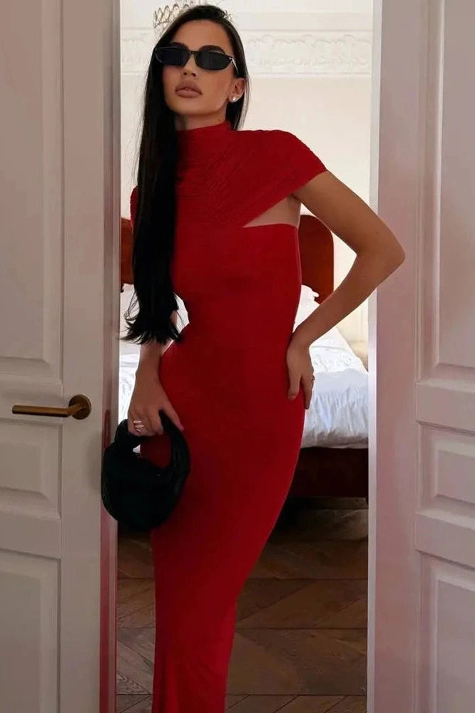 Glorol - Elegant Turtleneck Short Sleeve Maxi Dress