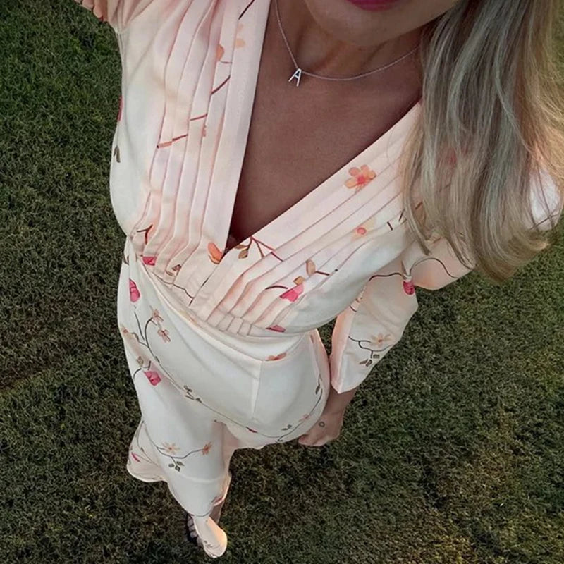 Glorol - Print Pleated V-Neck Puff Sleeve Maxi Dress