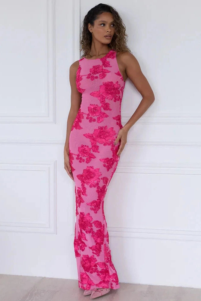 Glorol - Elegant Floral Print Embroidered Maxi Dress