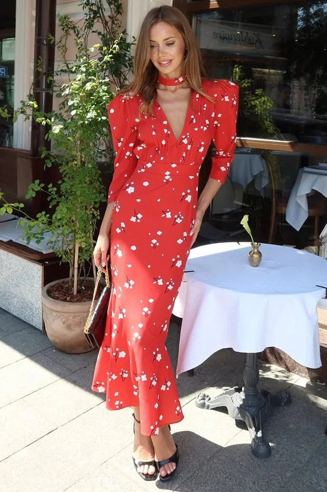 Glorol - Printed V-Neck High Waist Slim Lace-Up Maxi Dress