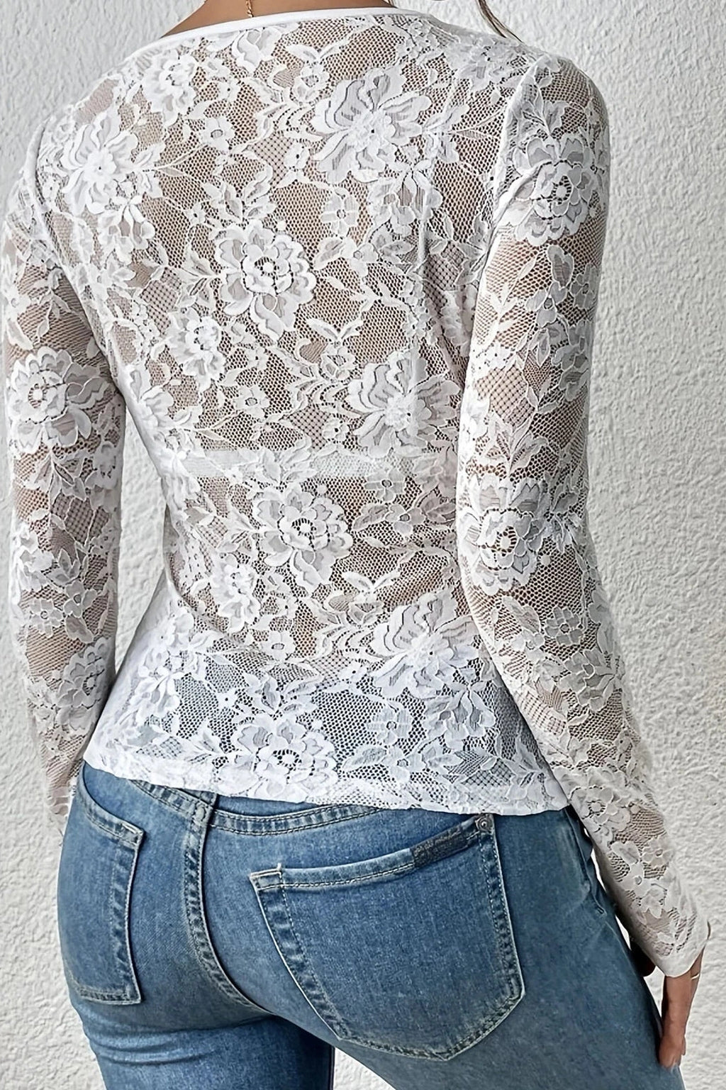 Glorol - Lace Slim V-Neck Long Sleeve Top
