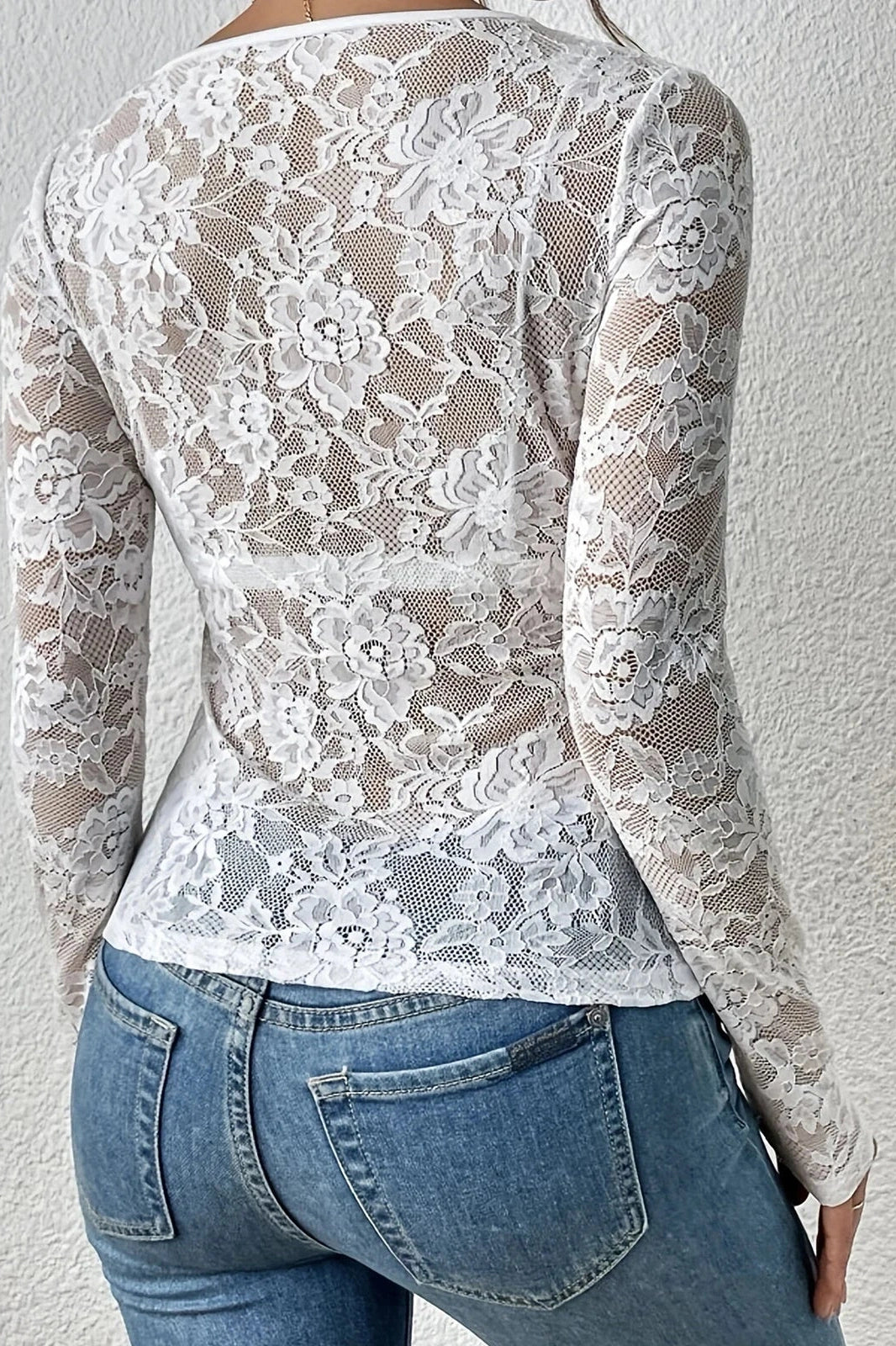 Glorol - Lace Slim V-Neck Long Sleeve Top