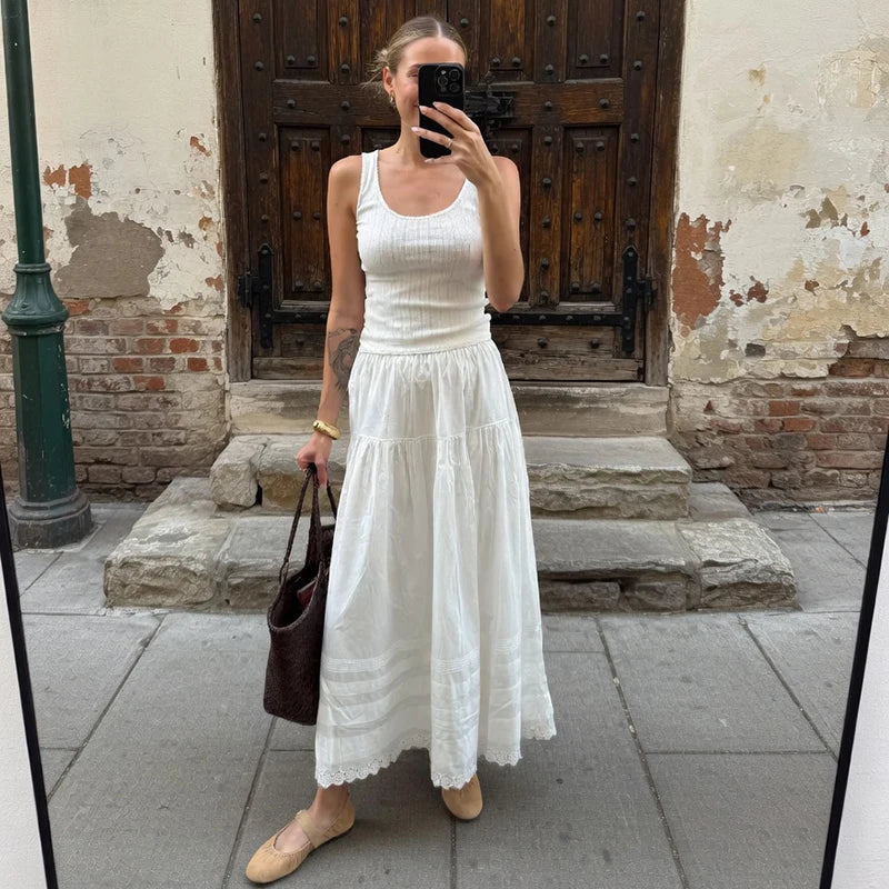 Glorol - High Waist Loose A-Line Lace Skirt