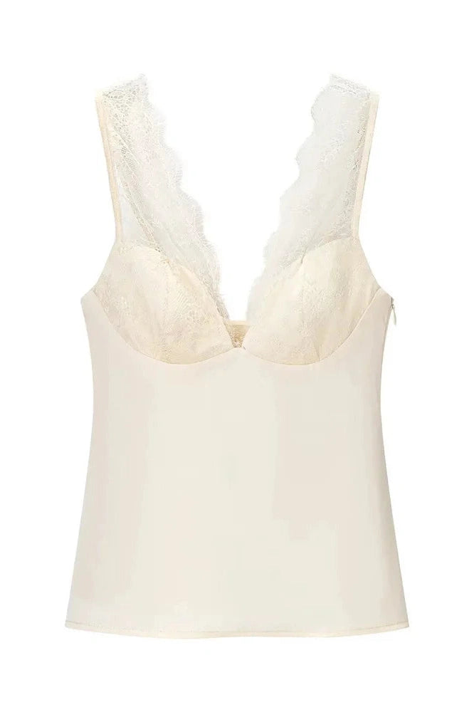 Glorol - Lace V-Neck Backless Patchwork Sleeveless Top