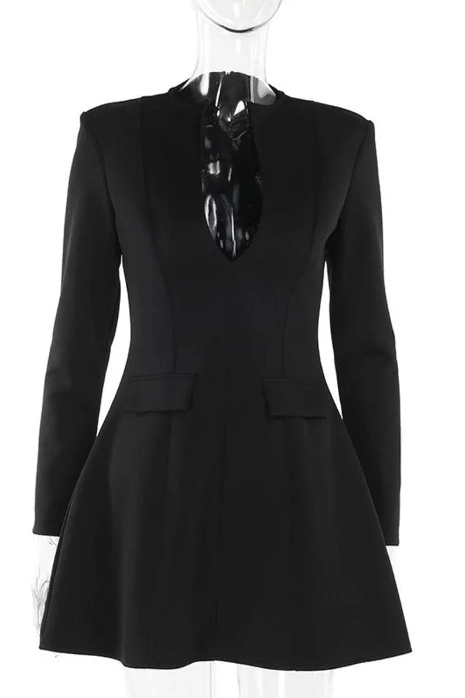 Glorol - Long Sleeve Deep V Neck A-line Mini Dress