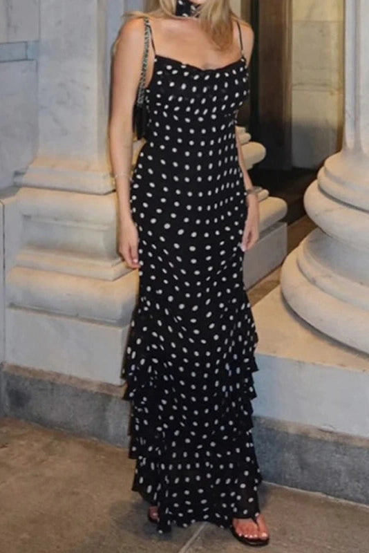 Glorol - Elegant Polka Dot Scarf Fit Backless Sleeveless Maxi Dress
