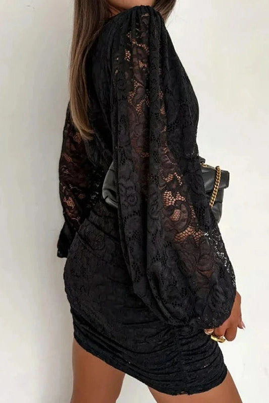 Glorol - Elegant Slim High Waist Pleated Lace V-Neck Long Sleeve Mini Dress