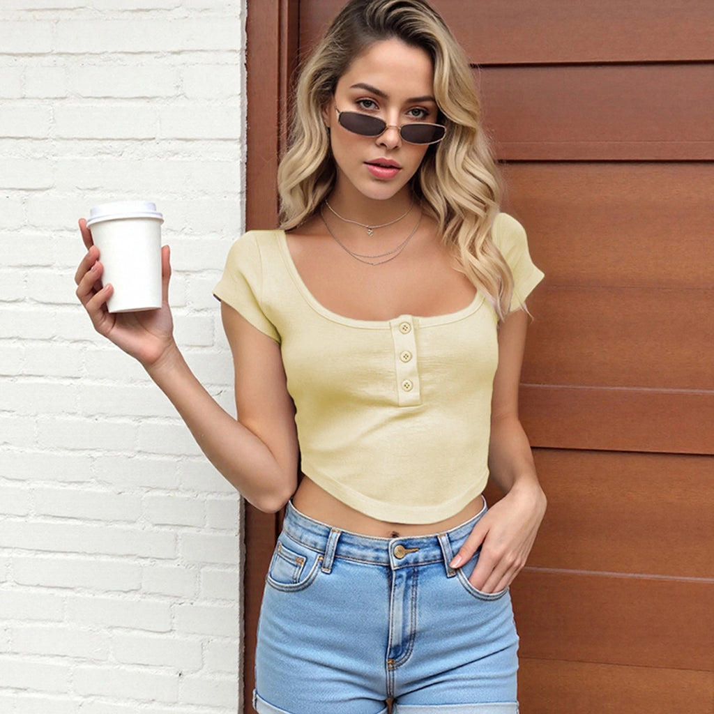 Glorol - Button-Up Scoop Neck Sleeve Slim Top