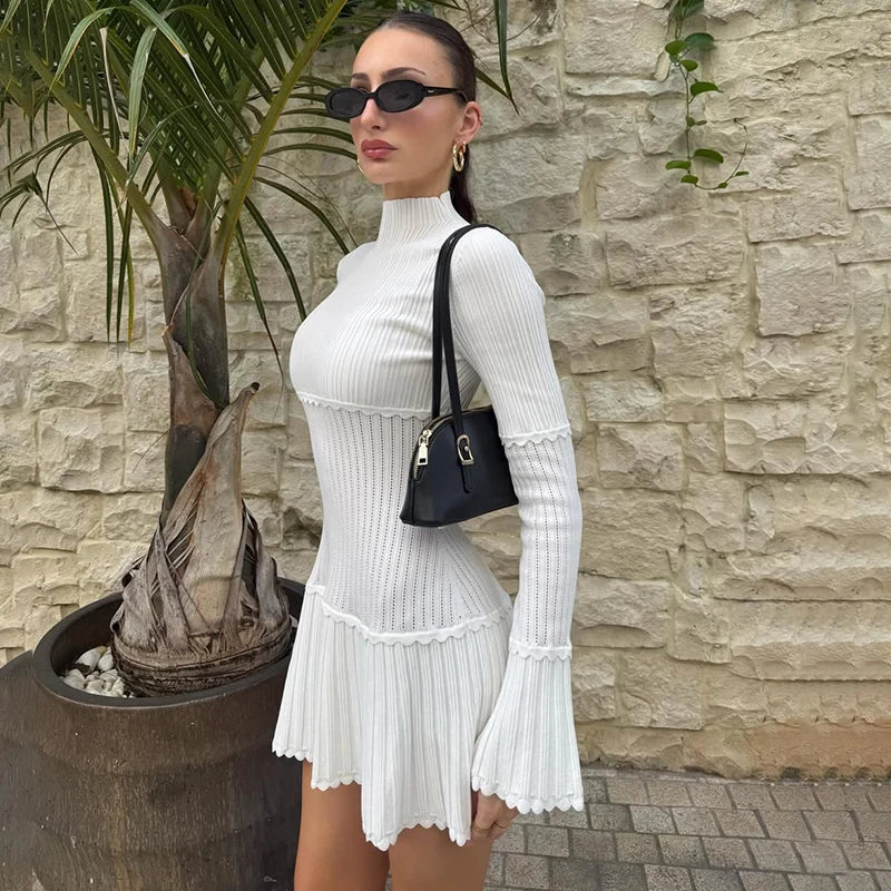 Glorol - Hollow Knitted Long Sleeve Slim Mini Dress