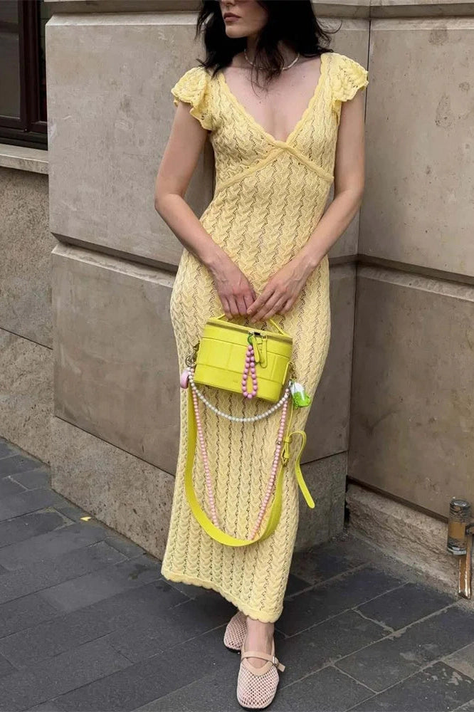 Glorol - Hollow Out V-Neck Patchwork Maxi Dress