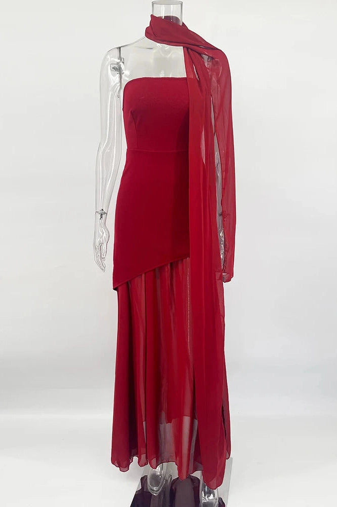 Glorol - Elegant Strapless Slit Sleeveless Mesh Maxi Dress