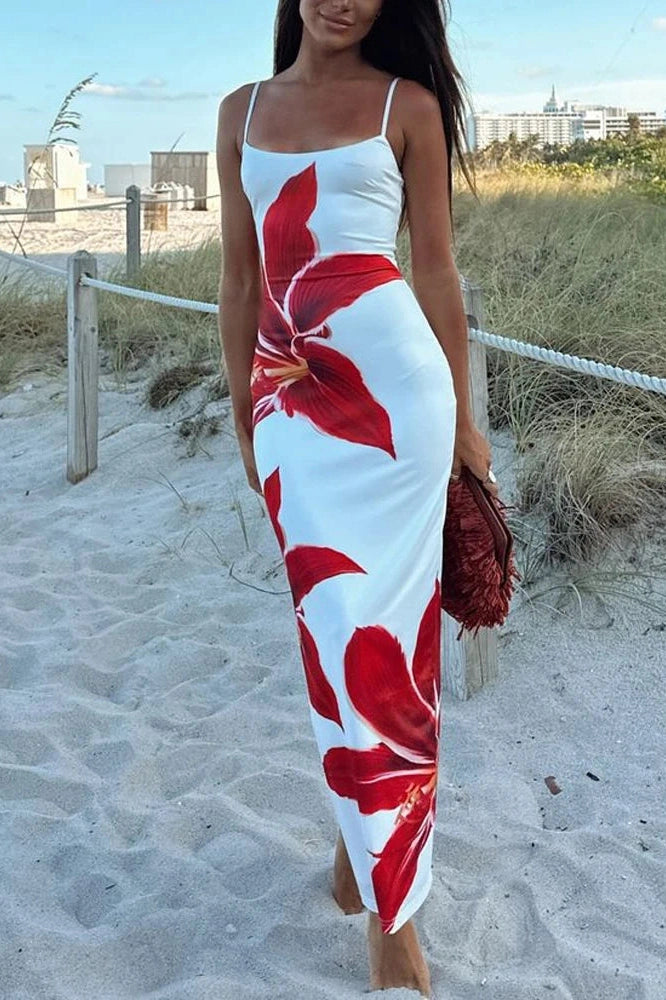 Glorol - Printed Slim High Waist Spaghetti Straps Patchwork Maxi Dress