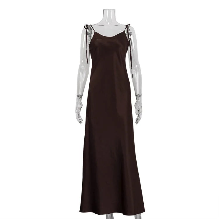 Glorol - Spaghetti Strap Backless Lace Up Slim Maxi Dress