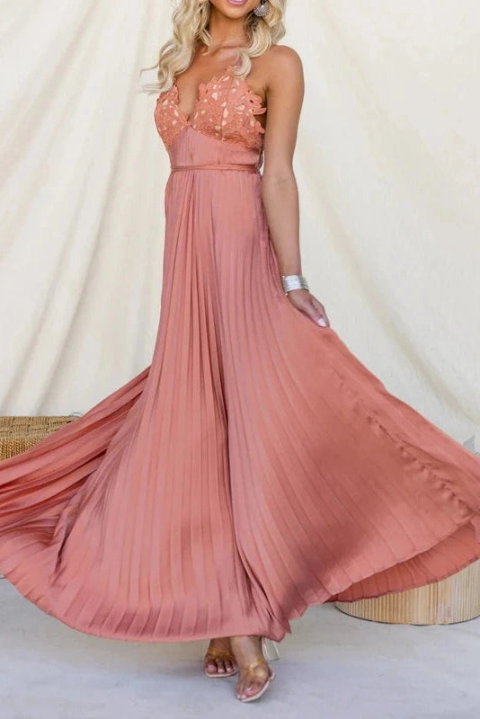 Glorol - Backless Pleated Lace Sleeveless High Waist Maxi Dress