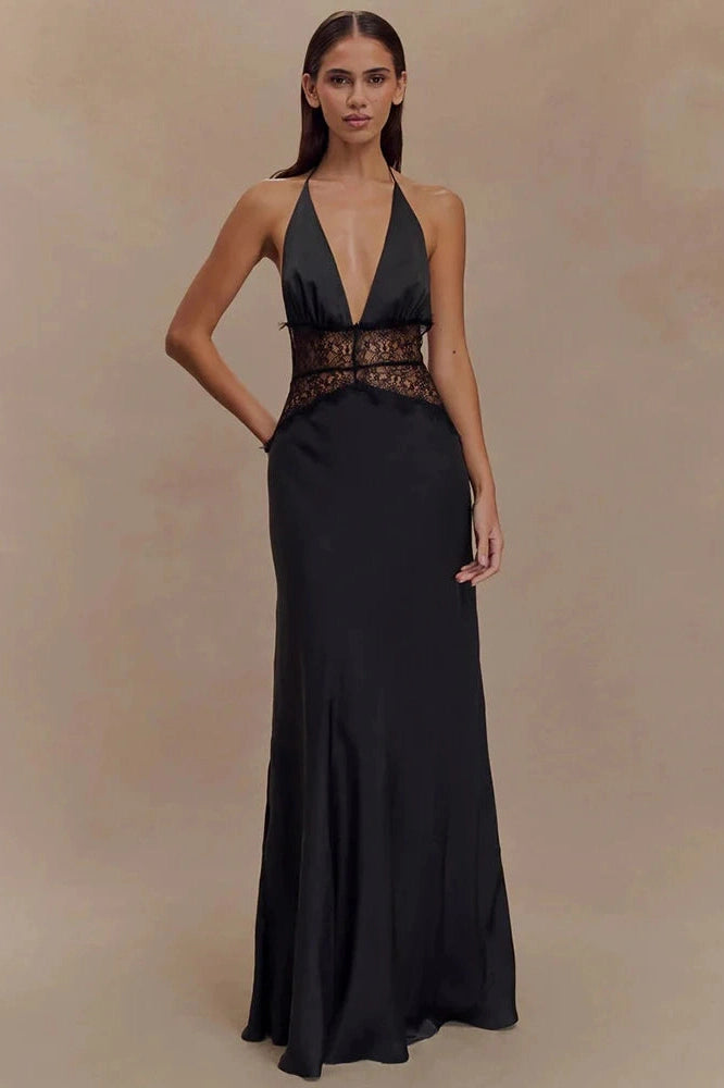 Glorol - Backless Patchwork Lace Deep V Neck Sleeveless High Waist Maxi Dress