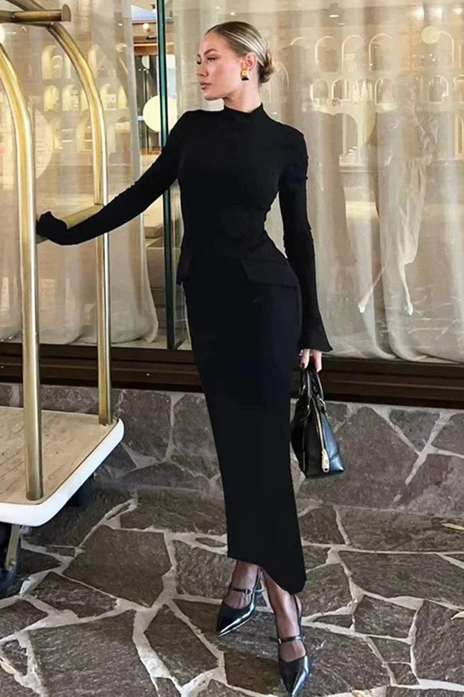 Glorol - Elegant Turtleneck Long Sleeve Maxi Dress