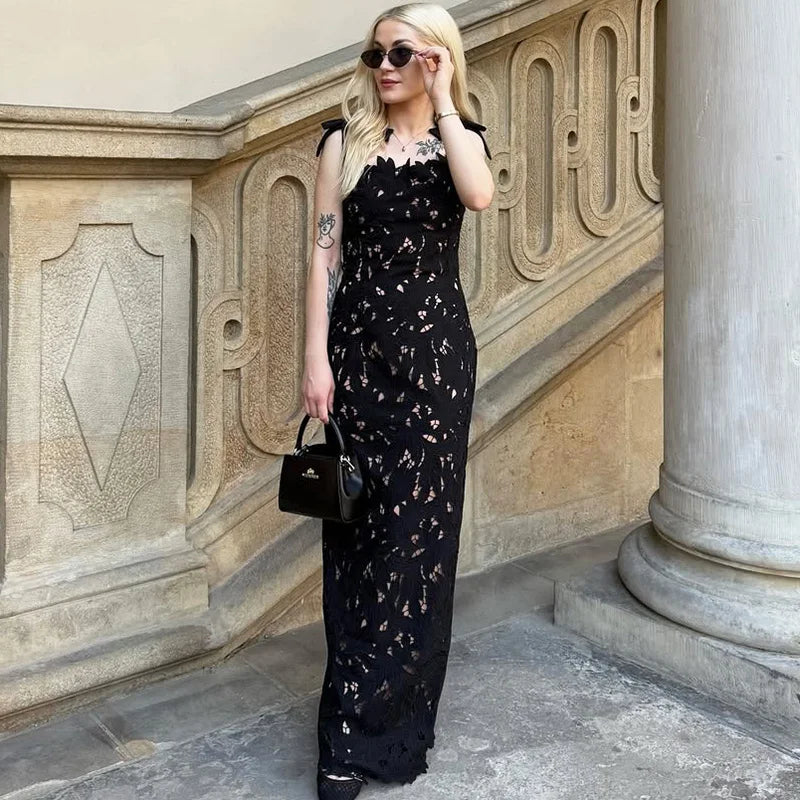 Glorol - Patchwork Lace-Up Backless Maxi Dress