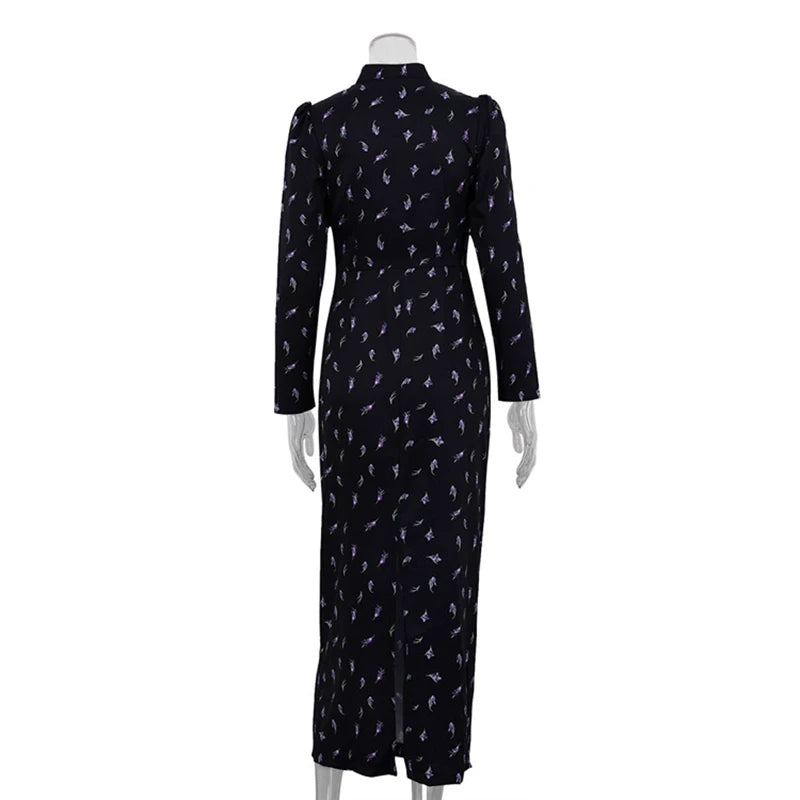 Glorol - Printed Long Sleeve Lace Up Slit Maxi Dress