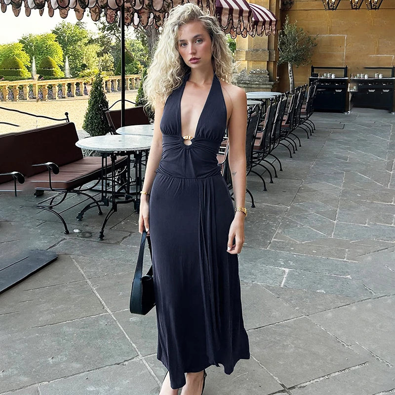 Glorol - Deep V-Neck Hollow Out Lace Up Sleeveless Backless Maxi Dress