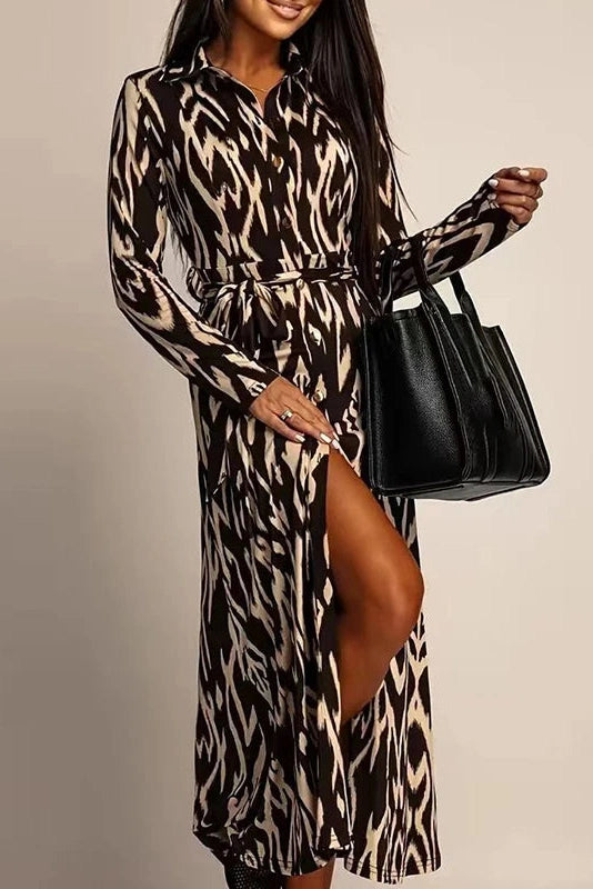 Glorol - Printed High Waist Long Sleeve Pleat Midi Dress