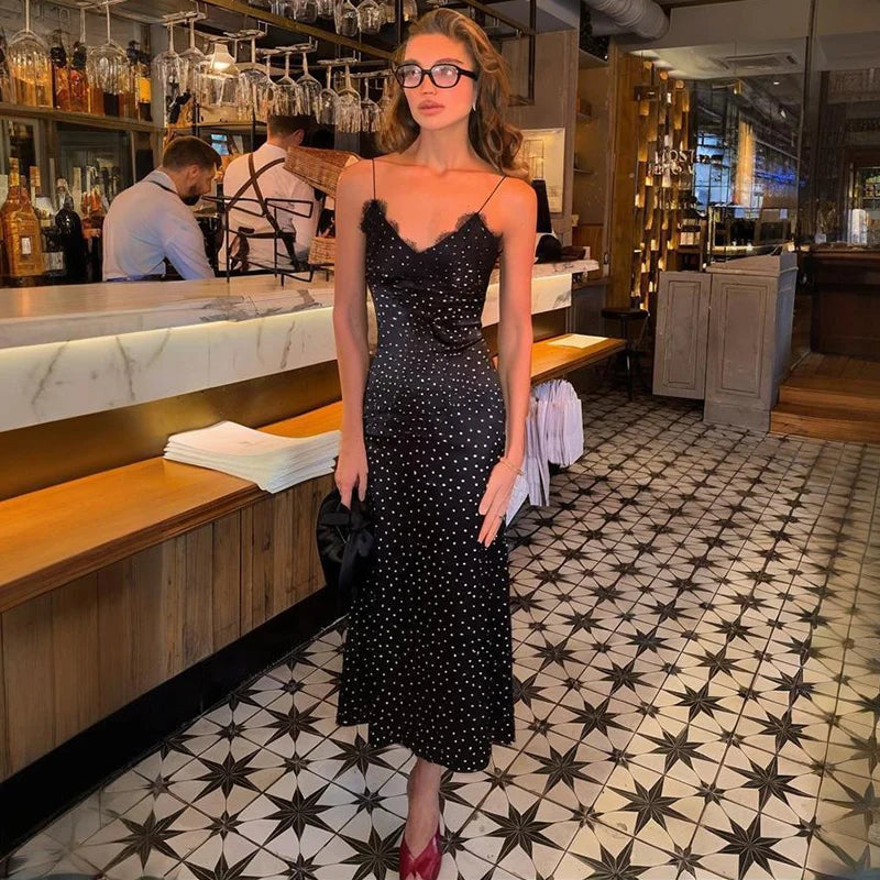 Glorol - Lace Sleeveless Printed Slim Midi Dress