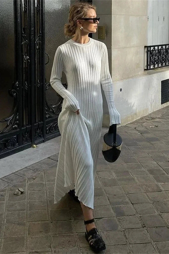 Glorol - Lace-Up High Waist Patchwork Long Sleeve Maxi Dress
