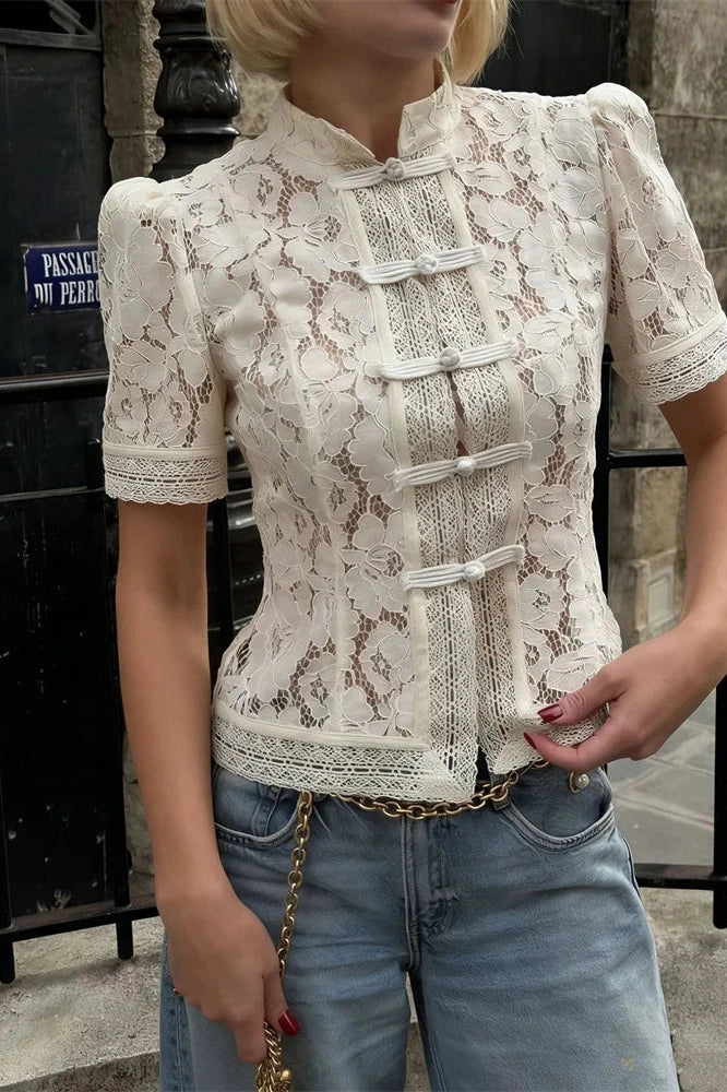Glorol - Hollow Out Lace Short Sleeve Patchwork Top