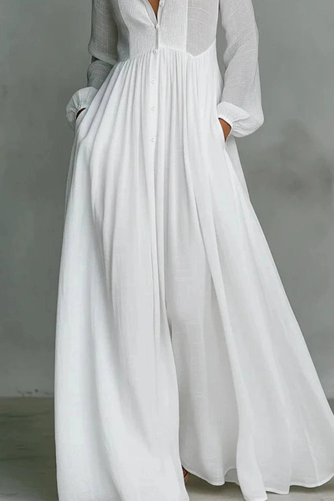Glorol - Elegant Long Sleeve Pleated High Waist Maxi Dress