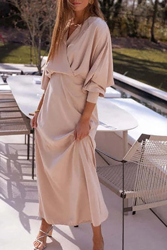 Glorol - Elegant Long Sleeve High Waist Printed V-Neck Maxi Dress