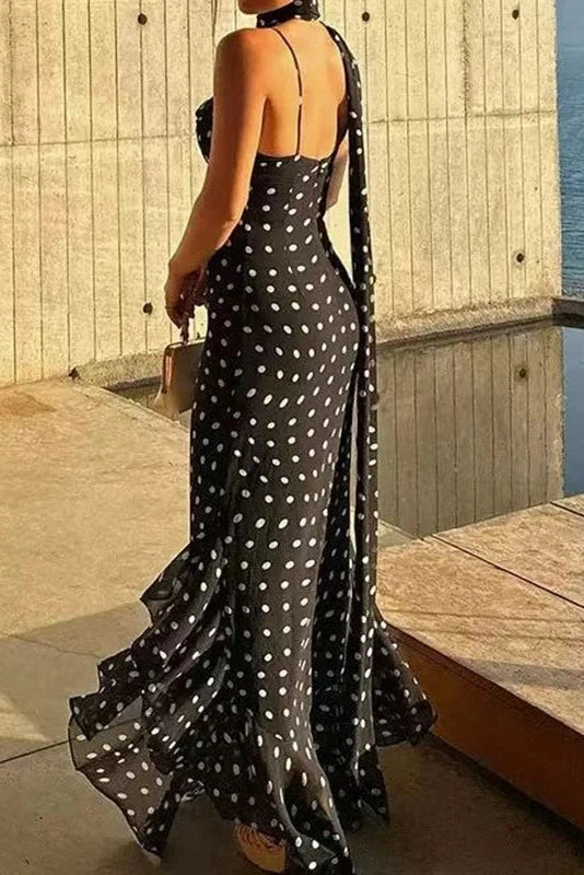 Glorol - Elegant Polka Dot Scarf Fit Backless Sleeveless Maxi Dress