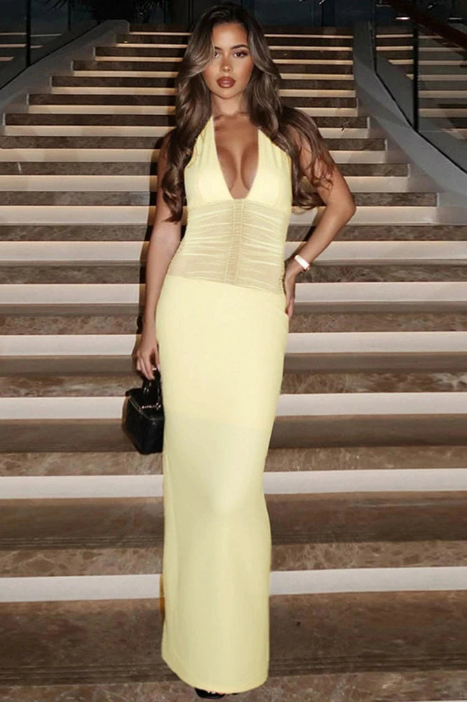 Glorol - See Through Backless Deep V Neck Lace Up Maxi Dress