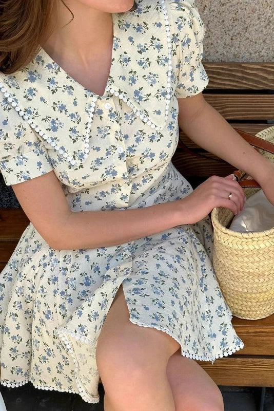 Glorol - Elegant Floral Short-Sleeved Slim Single-Breasted Mini Dress