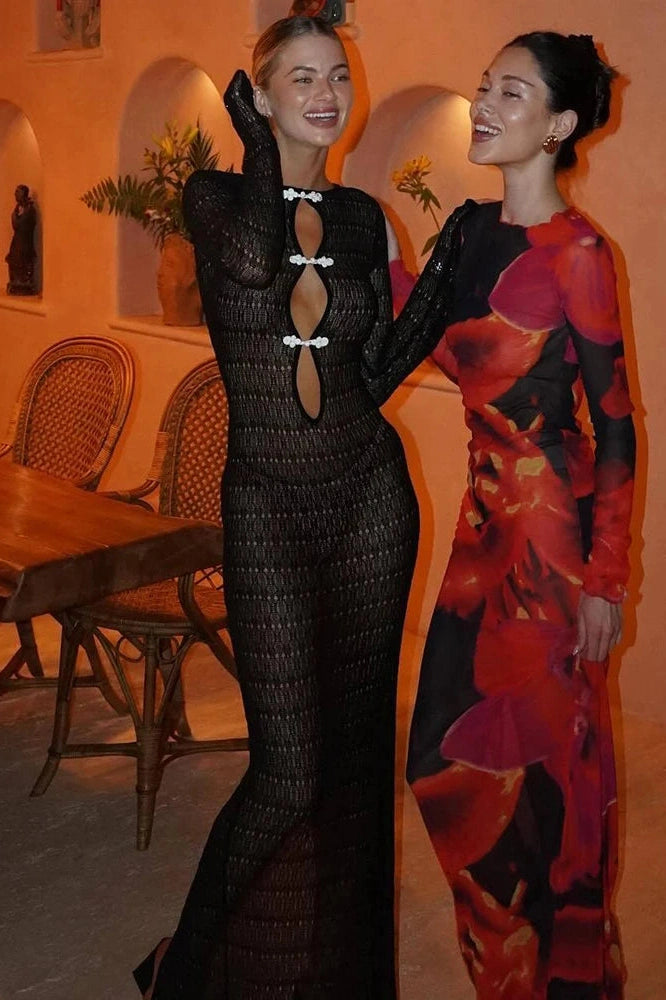Glorol - Hollow Out See Through Long Sleeve Maxi Dress