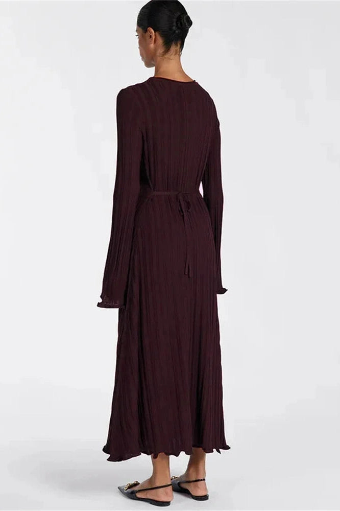 Glorol - Lace-Up High Waist Long Sleeve Maxi Dress