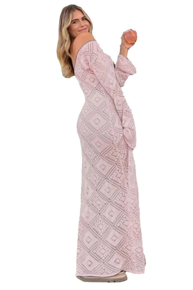 Glorol - See-Through Loose Flared Sleeve Backless V-Neck Maxi Dress