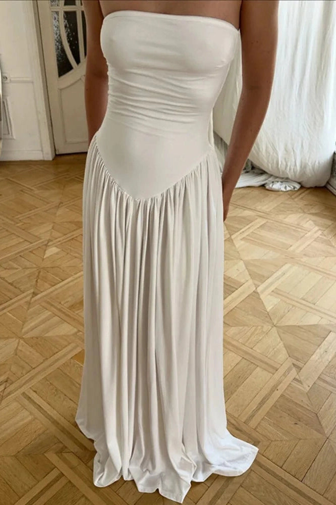 Glorol - Off-Shoulder Strapless Sleeveless Backless Pleated Bodycon Maxi Dress