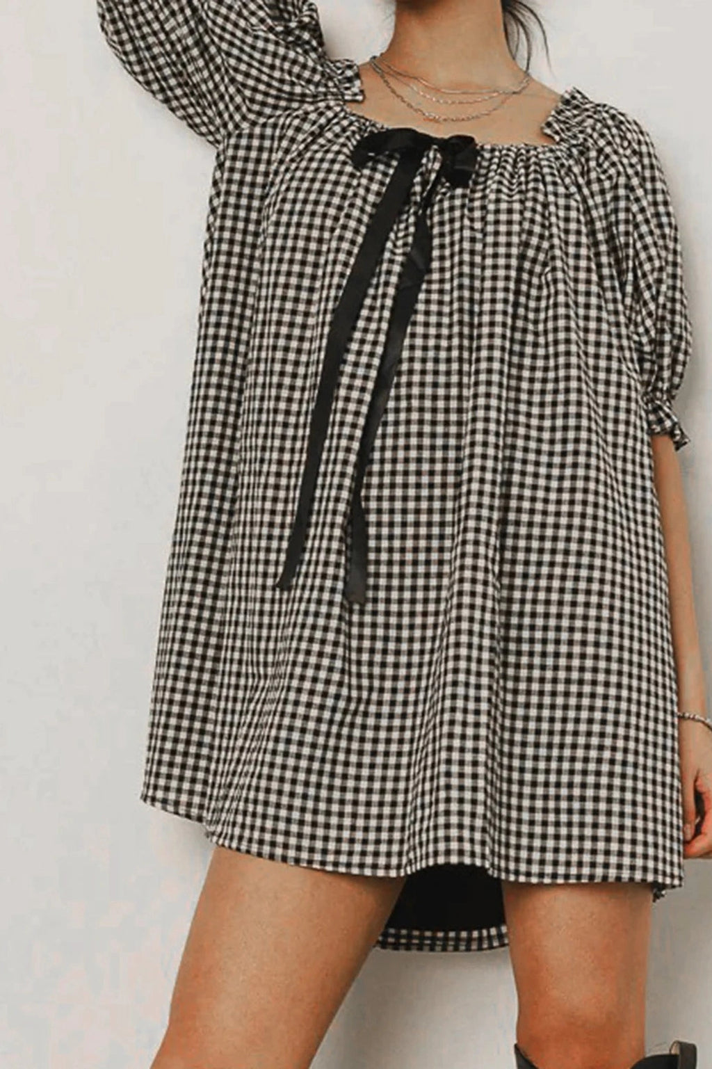 Glorol - Plaid Loose Square Neck Puff Sleeve Mini Dress