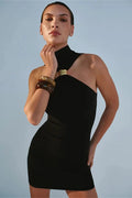Glorol - Off-Shoulder Slim Patchwork Bodycon Mini Dress