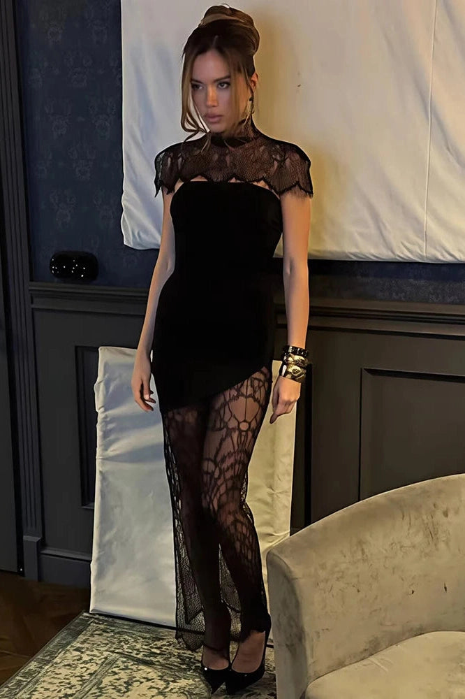 Glorol - Lace Backless See Through Turtleneck Sleeveless Bodycon Maxi Dress