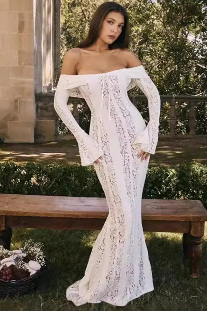 Glorol - Elegant Lace Flare Sleeve Off-Shoulder Slim Strapless Mini Dress