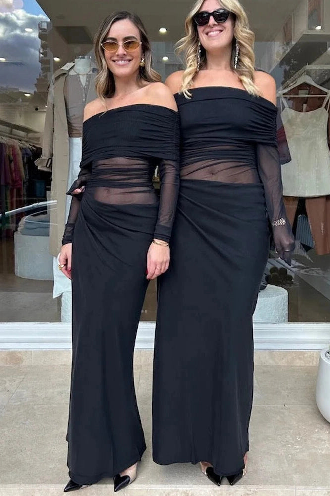 Glorol - See-Through Patchwork Off-Shoulder Long Sleeve Maxi Dress