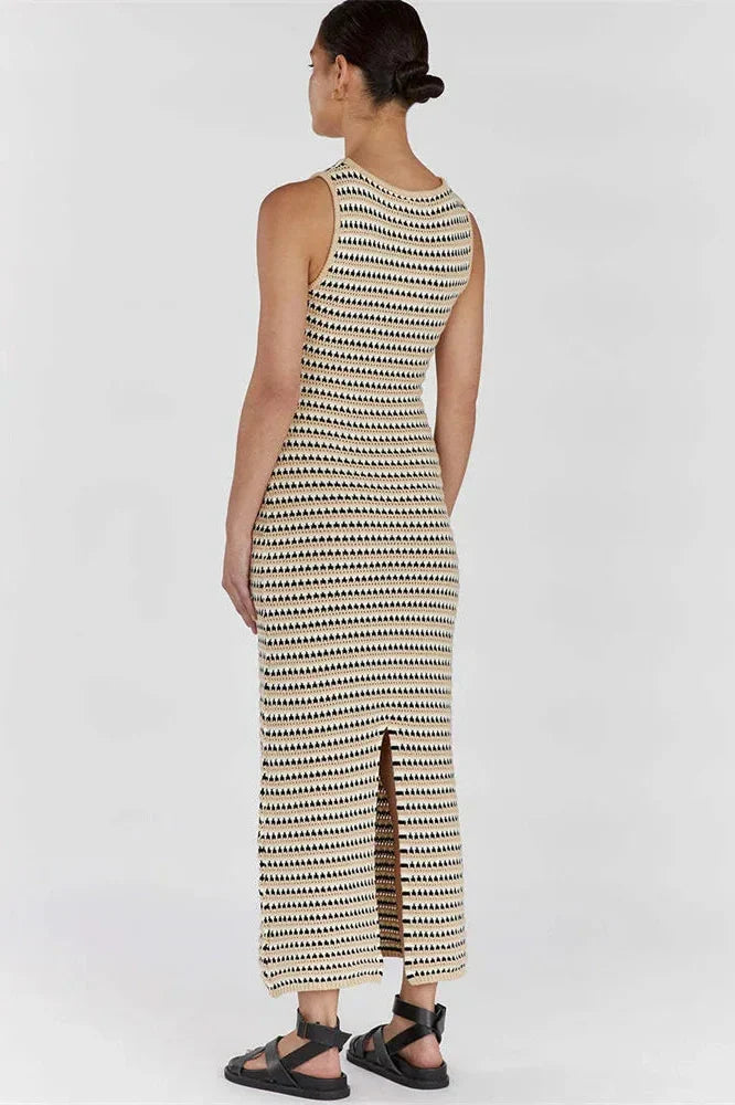 Striped See-Through Sleeveless High Waist Patchwork Maxi Dress