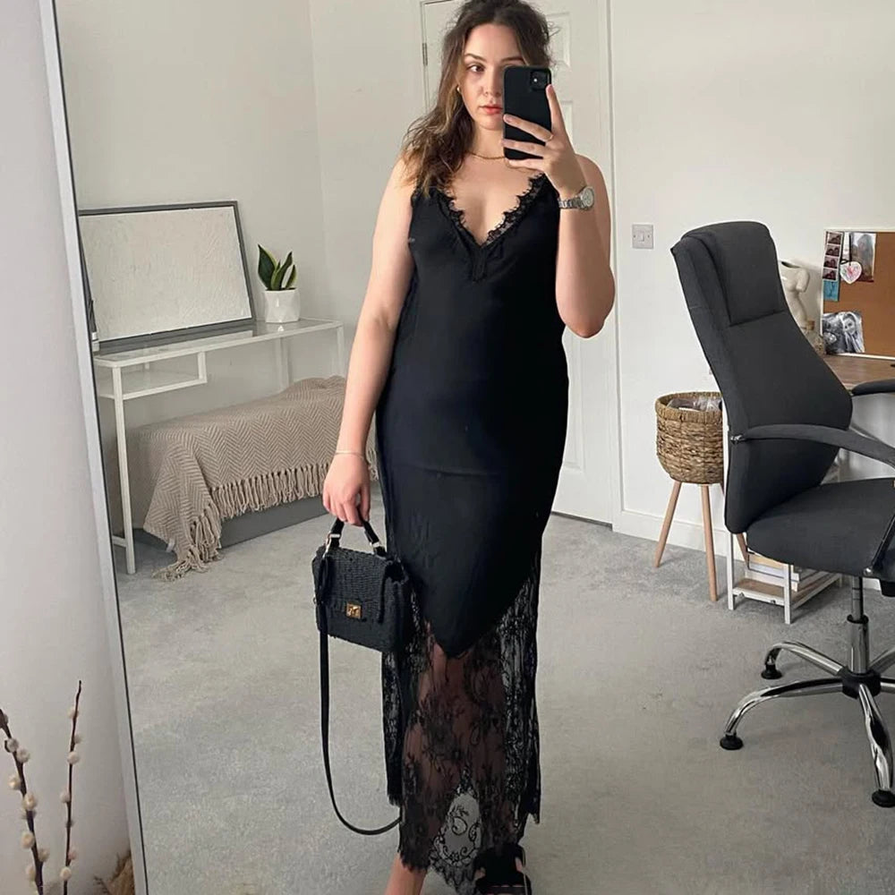 Glorol - Lace Patchwork V Neck See Through Sleeveless Maxi Dress